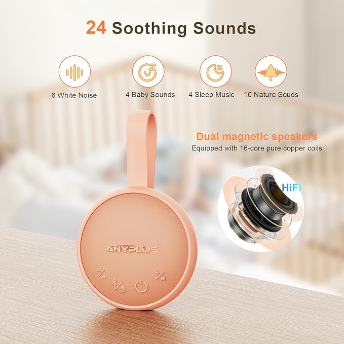 White Noise Sound Machine, Portable Sound Machine for Sleeping Adults & Baby, with Bluetooth 5.1/24 Soothing Sounds/Battery Powered/3 Timer Memory Function for Office/Bedroom/Travel(Orange)