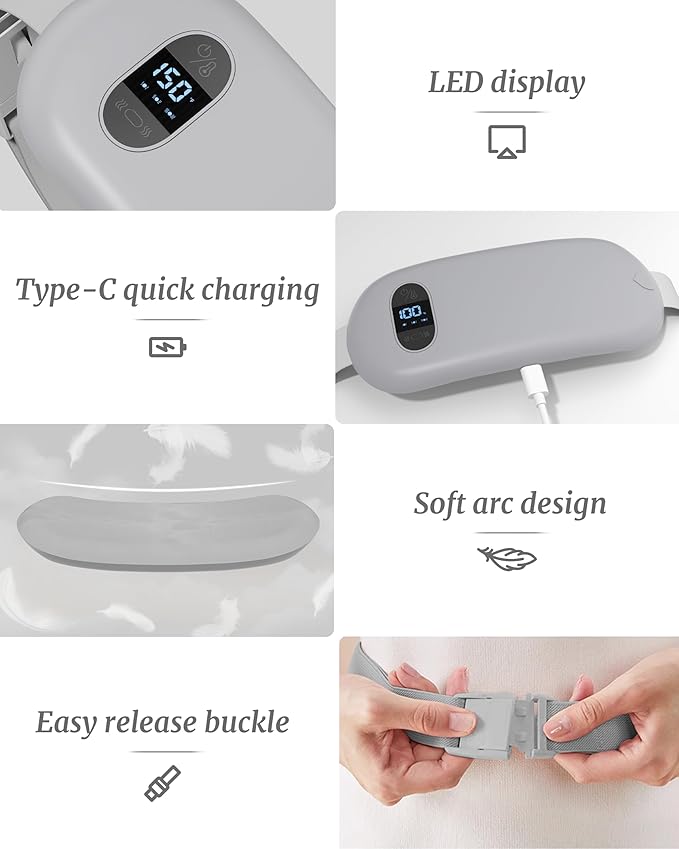 Portable Heating Pad for Cramps, Upgrade Cordless Electric Period Fast Heating Pad for Back Pain Relief Menstrual Belt 6 Heat 6 Massage Modes Gifts for Women Girls Her Girlfriend Grey