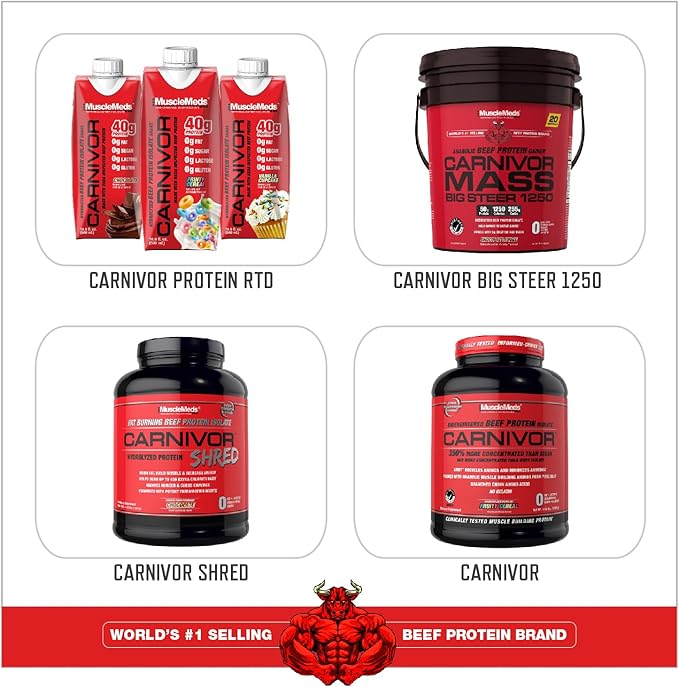 MuscleMeds CARNIVOR Mass Gainer Beef Protein Isolate Shake, 50 Grams Protein, 125 Grams Carbs, 0 Fat, 0 Sugar, Lactose Free, Chocolate Fudge, 5 Pound