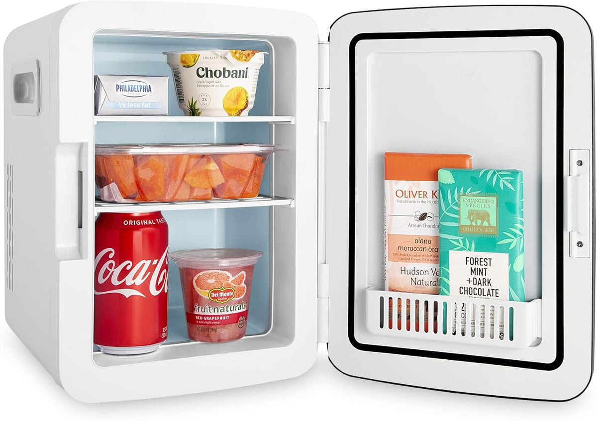 Cooluli 10L Mini Fridge for Bedroom - Car, Office Desk & College Dorm Room - 12V Portable Cooler & Warmer for Food, Drinks, Skincare, Beauty, Makeup & Cosmetics - AC/DC Small Refrigerator (White)