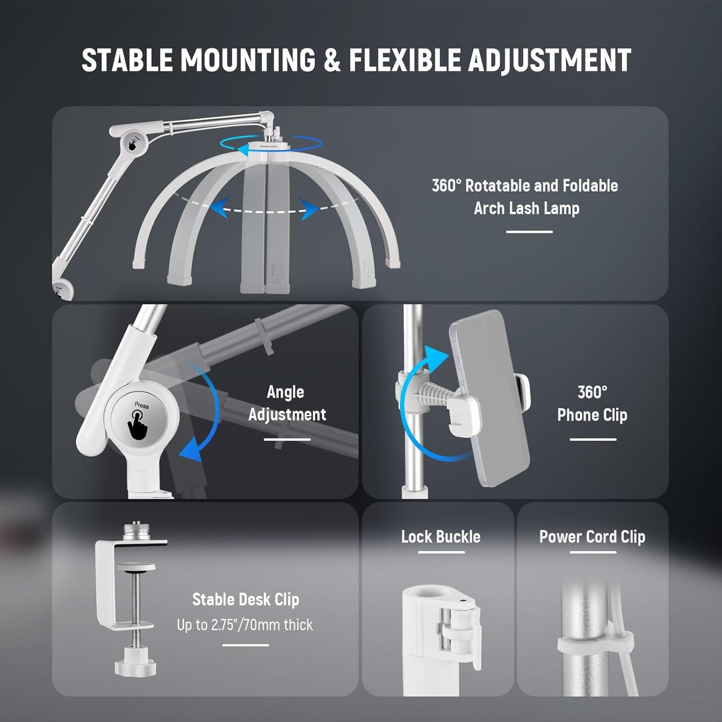 NEEWER Basics 22" Half Moon Lash Light with Articulating Desk Clamp Mount Stand/Phone Holder, 32W Foldable LED Nail Tech Table Arc Lamp for Makeup Beauty Tattoo Overhead Video Recording, HM03-D