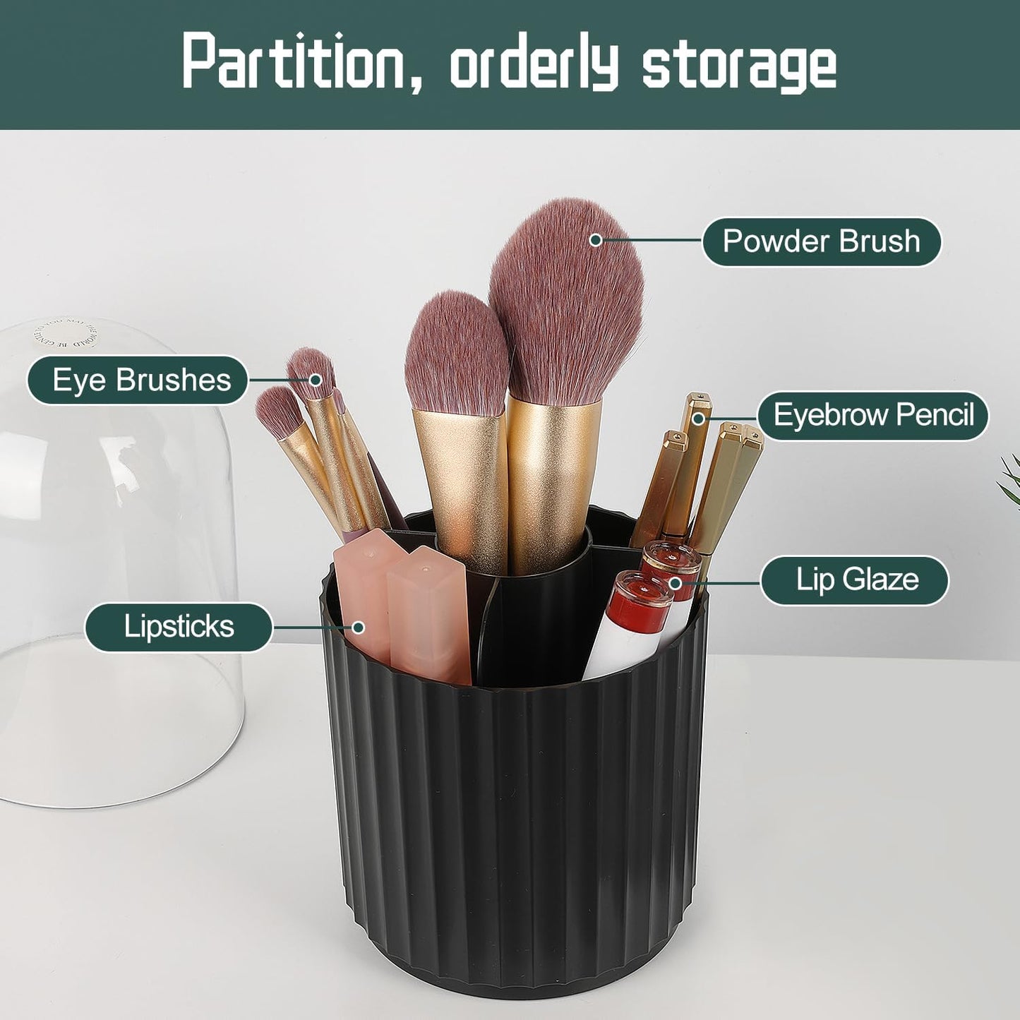 JessLab Makeup Brush Holder Organizer with Lid, 360 Degree Rotatable Spinning Cosmetics Holder Display for Bathroom Vanity Countertop, Black