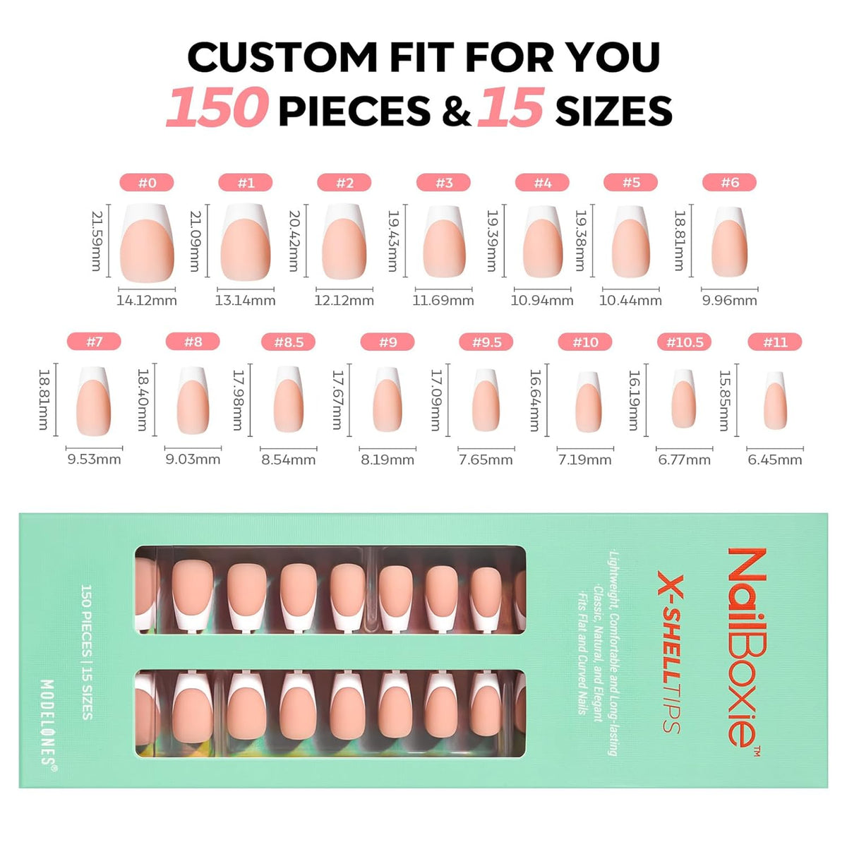 modelones French Tip Press on Nails, 150Pcs Short Coffin Fake Nails with Nail Box, Deep Nude Gel Nail Tips for Women, Soft Glue-On Nails for Natural Salon Look, DIY Nail Art Kit (15 Sizes)