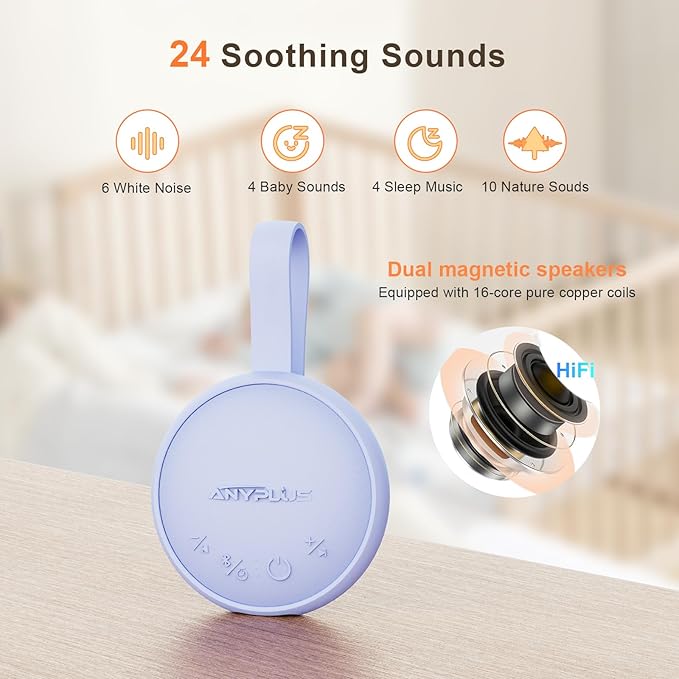 White Noise Sound Machine, Portable Sound Machine for Sleeping Adults & Baby, with Bluetooth 5.1/24 Soothing Sounds/Battery Powered/3 Timer Memory Function for Office/Bedroom/Travel(Purple)