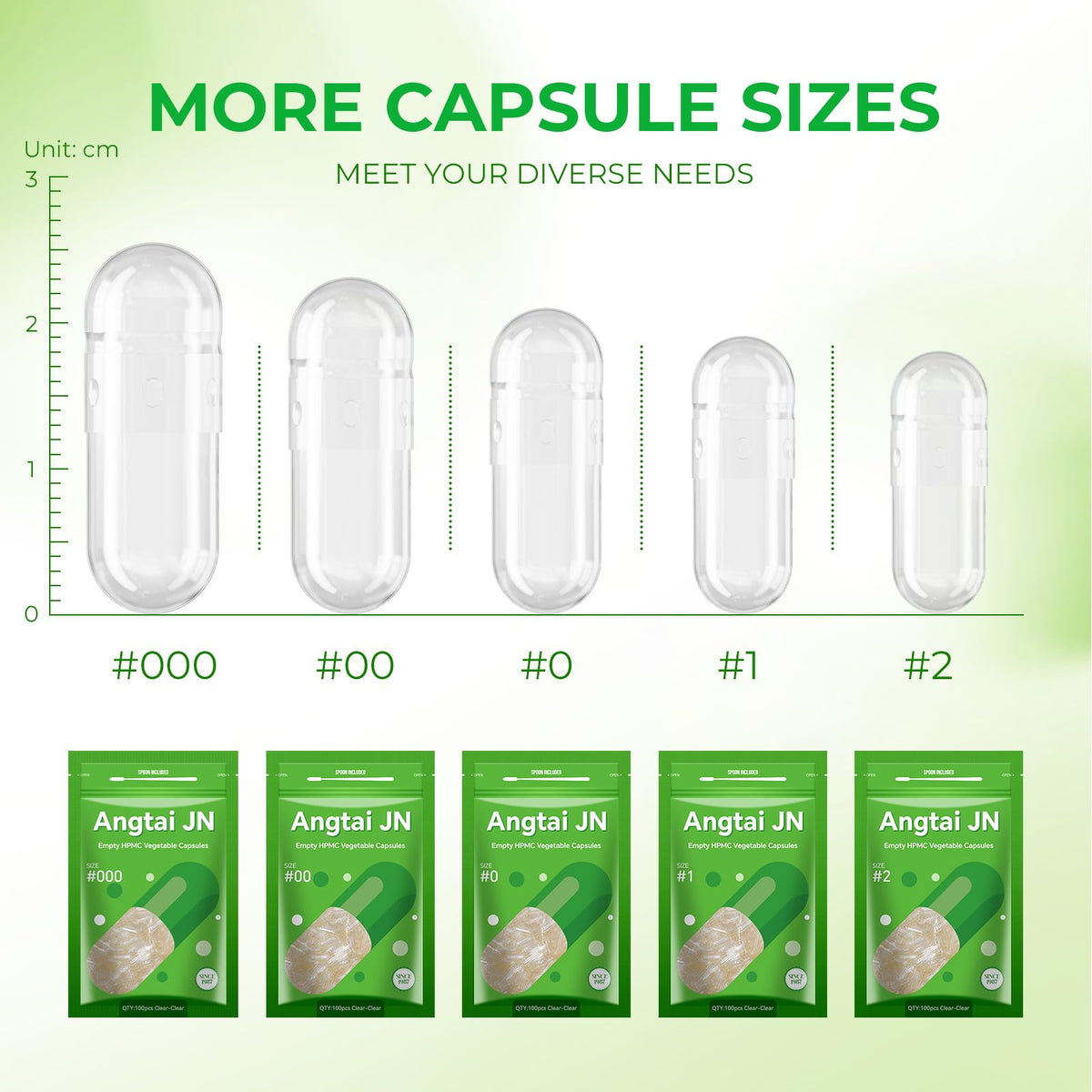 Angtai JN Size 1 Empty Capsules Vegan Plant Based Clear (1,000 Count) Gluten Free, Non-GMO, Halal Certified Pill Caps Filling Kit with 2 Spoons for Vegetarian DIY Your Own Supplements