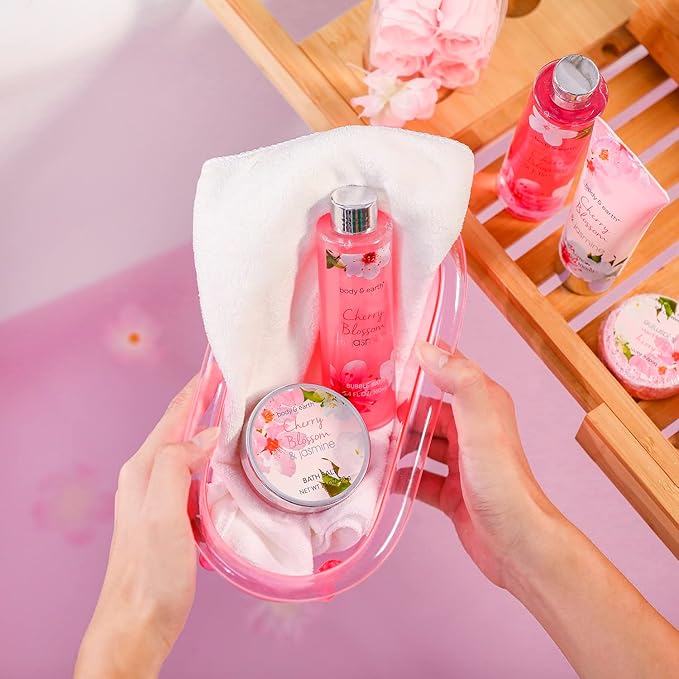 Gift Baskets for Women Body & Earth Bath and Body Gift Set for Her, Cherry Blossom & Jasmine Spa Gifts for Women Mothers Day Gift for Her, Regalos Para Mujer