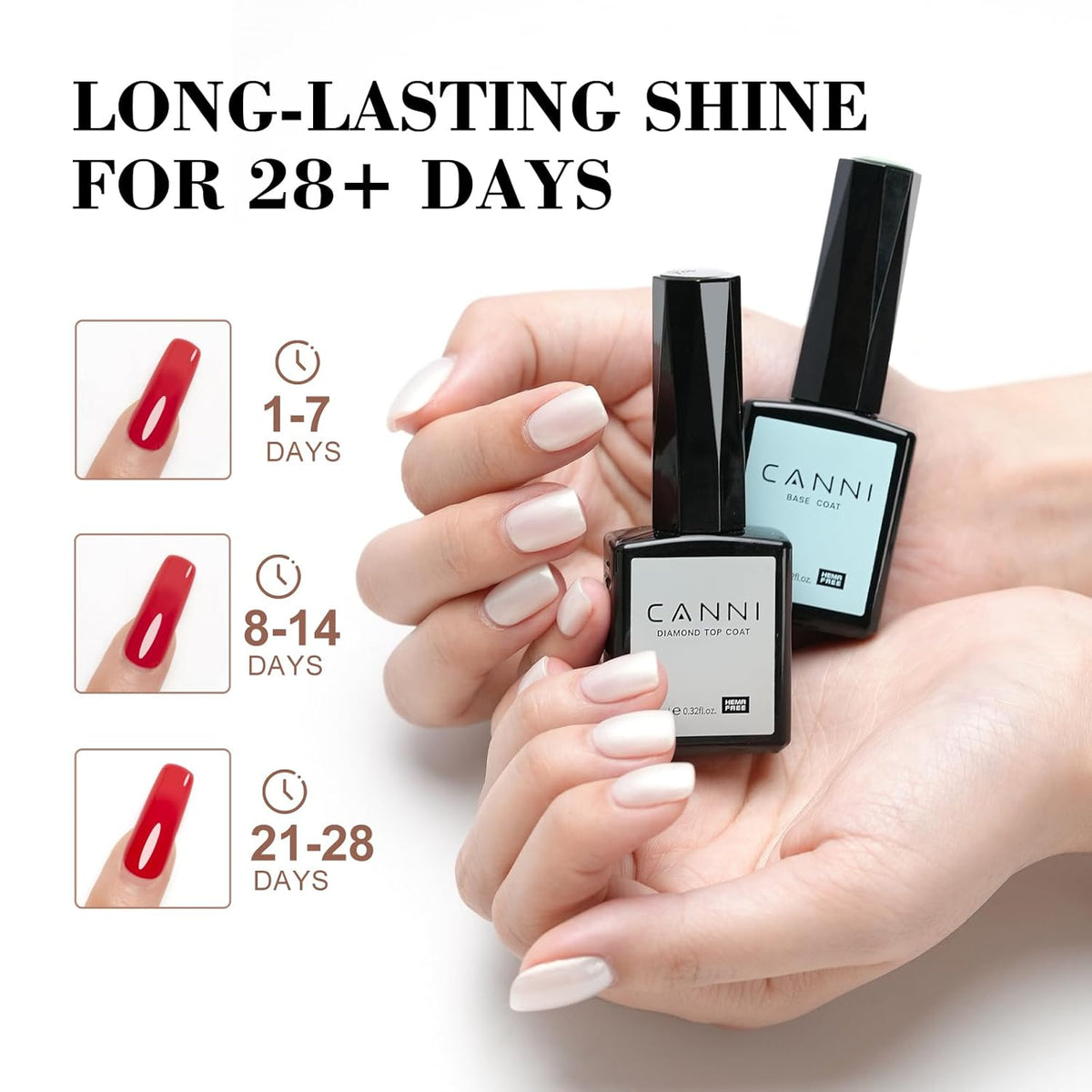 CANNI 2 Pcs No Wipe Gel Top Coat and Base Coat Set- High Gloss Shiny Long Lasting Base Top Coat Gel Nail Polish, Soak Off Nail Art Home and Professional Manicure