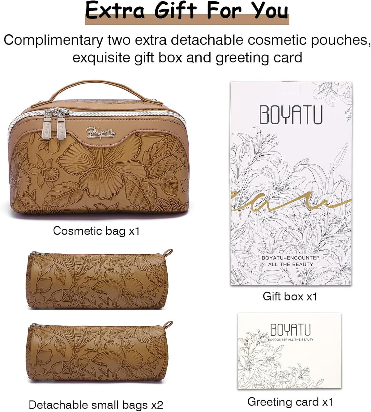 BOYATU Travel Makeup Bags Cosmetic Organizer Bag: 3-Set Large Capacity Make up Bag - PU Leather Toiletry Bags for Women - Wide Open Portable Pouch with Divider & Handle (01-Z-Brown)