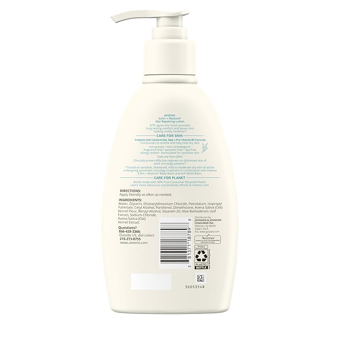 Aveeno Calm + Restore Oat Repairing Body Lotion for Sensitive Skin, Daily Moisturizer with Prebiotic Oat, Aloe & Pro-Vitamin B5 Helps Restore Skin's Moisture Barrier, Fragrance Free, 12 oz