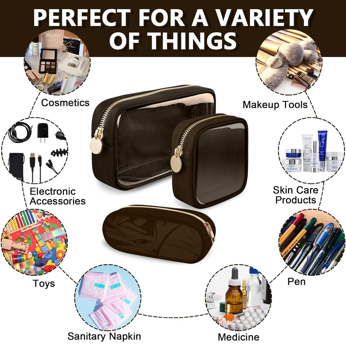 Clear Small Pencil Pouch Makeup Bag for Purse,Nylon&PVC Pencil Case Waterproof Makeup Brush Holder with Zipper,Preppy Transparent Pen Bag Travel Cosmetic Bag for Women Office(Slim-Chocolate)