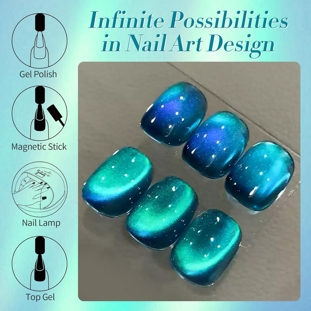 Born Pretty Cat Magnetic Gel Nail Polish, Sea Blue Crystal Cat, Holographic Magnetic Nail Art Manicure Salon DIY at Home 15ML