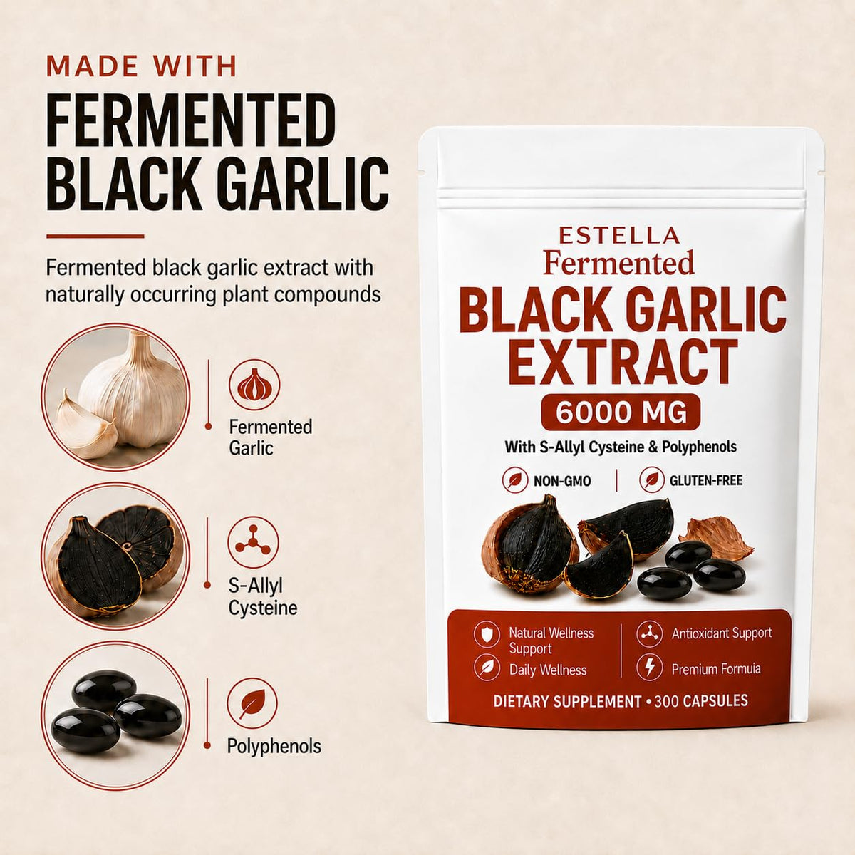 BYDNES LABS Estella Lanural Fermented Black Garlic Extract, Odorless Black Garlic Capsules, Vegan, Non-GMO, Gluten-Free, 300 Capsules