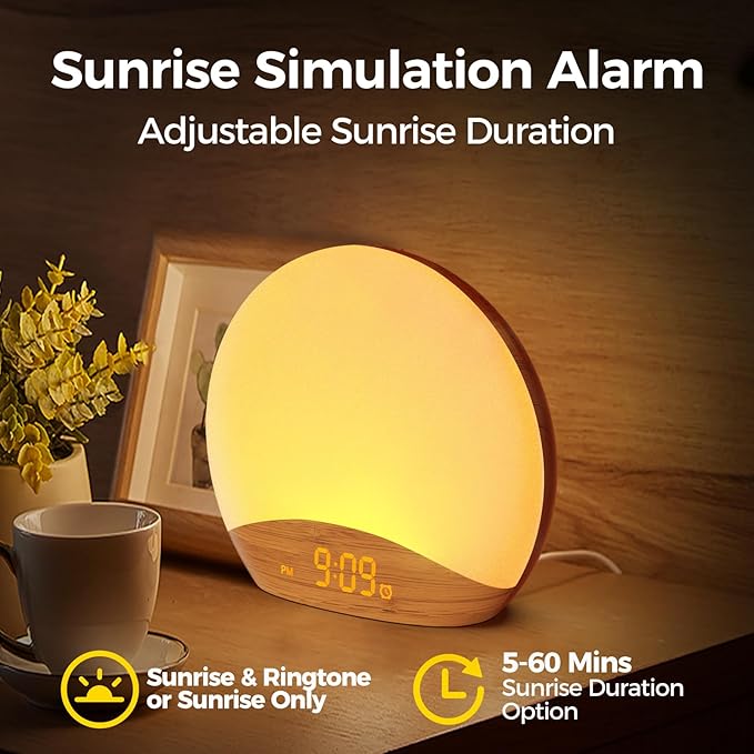 REACHER Wood Grain Sunrise Alarm Clock and Sound Machine Nightlight, Digital Dimmable Clocks for Bedroom, 26 Sleep Sounds, White Noise Machine for Baby, Adults, Wake Up Light Alarm Clock for Kids