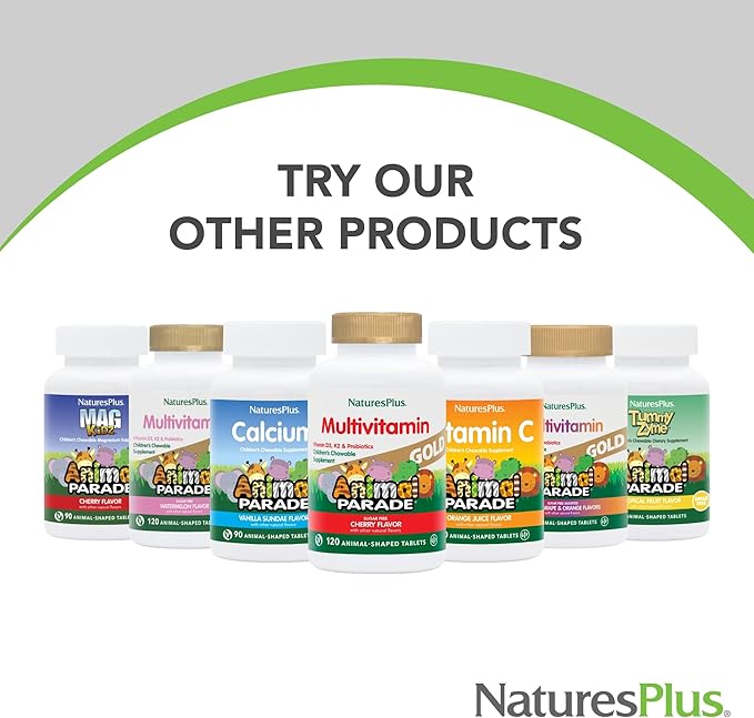 Natures Plus Animal Parade Gold Children's Chewable Multivitamin - Natural Cherry Flavor - 60 Animal Shaped-Tablets - with Vitamin D3, K2 & Probiotics - Vegetarian & Gluten Free - 120 Servings