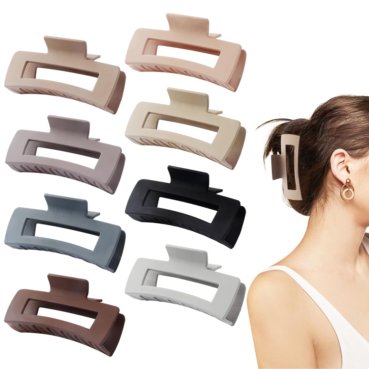 Beauty.H.C Large Nonslip Matte Neutral Claw Hair Clips for Thick, Thin or Curly Hair - 8 Strong Hold Jumbo 4.1 Inch Jaw Clips for Women and Girls