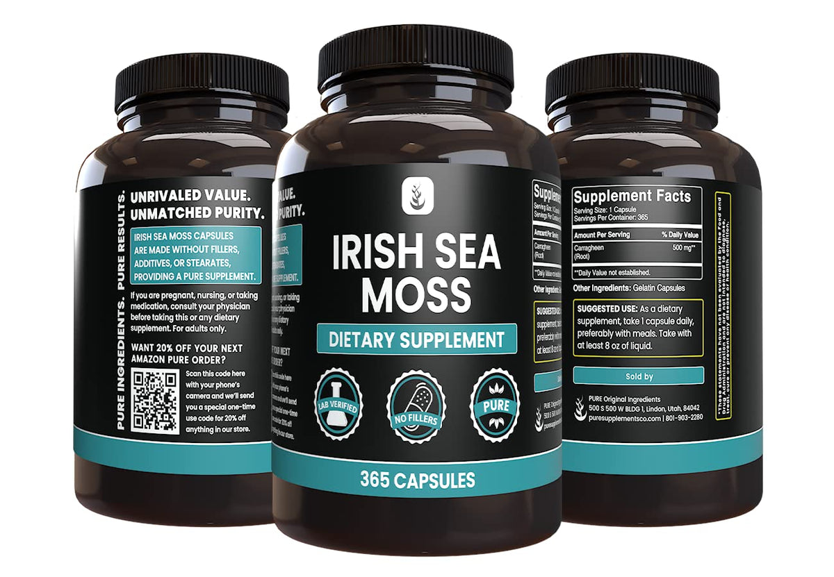 PURE ORIGINAL INGREDIENTS Irish Sea Moss (365 Capsules) Always Pure, No Additives Or Fillers, Lab Verified