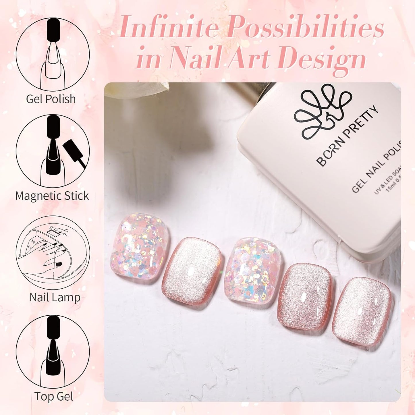 Born Pretty Magnetic Gel Nail Polish Jelly Cat Magnetic Eye Gel Polish Crystal Transparent Auroras Nail Gel for Salon Home DIY Manicure Use