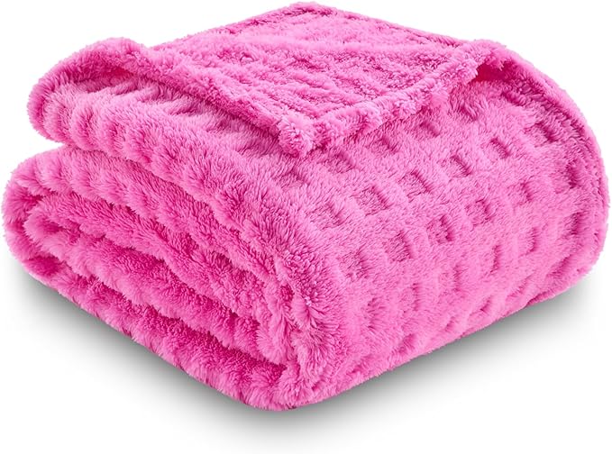 NEWCOSPLAY Super Soft Twin Blanket Pink Premium Silky Flannel Fleece 3D Waffle Checkered Lightweight Bed Blanket All Season Use (Hot Pink, Twin(60"x80"))