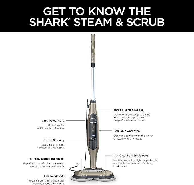 Shark S7001 Mop, Scrub & Sanitize at The Same Time, Designed for Hard Floors, with 4 Dirt Grip Soft Scrub Washable Pads, 3 Steam Modes & LED Headlights, Gold