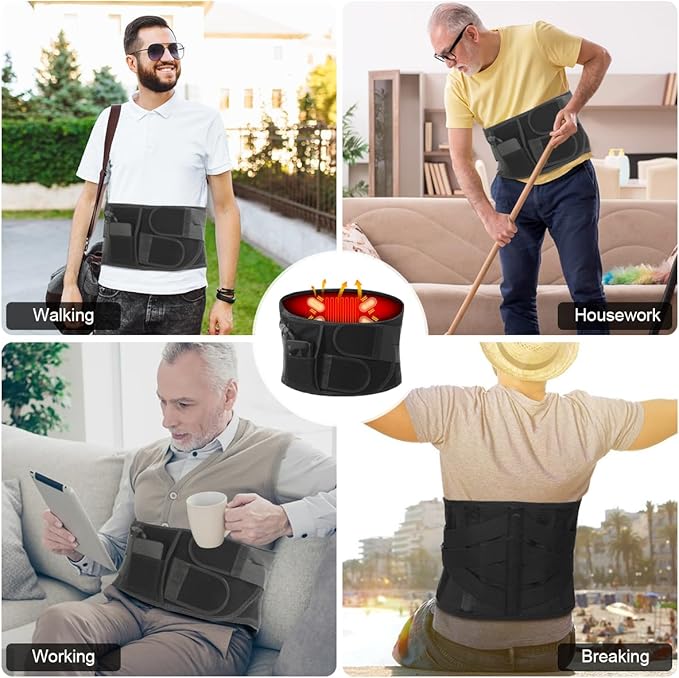 Cordless Heating Pad Back Massager Brace for Lower Back Pain Relief, Heated Back Brace Vibration Wrap with Rechargeable Battery, Warmer Lumbar Support Belt with Massage for Cramps (L)