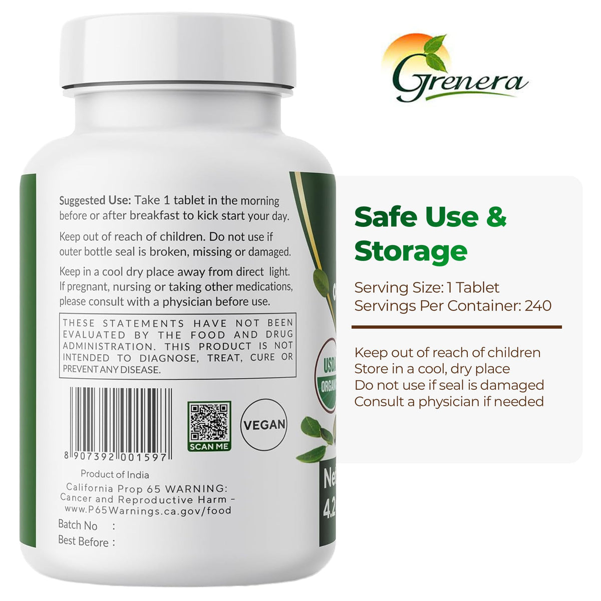 Grenera Organic Moringa Leaf Tablets 500 mg – 240 Count