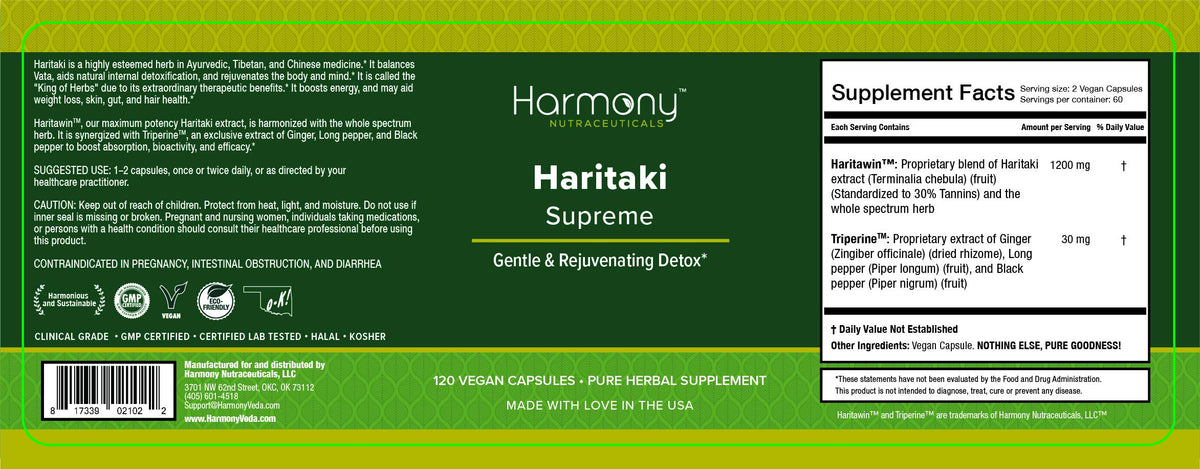 Haritaki Supreme Dr Gumman's Clinical Grade Highest Potency Maximum Bioavailabity Harmony Nutraceuticals 120 Vegan Capsules