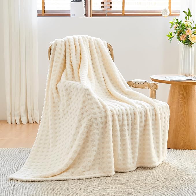NEWCOSPLAY Super Soft Queen Blanket Ivory Premium Silky Flannel Fleece 3D Waffle Checkered Lightweight Bed Blanket All Season Use (Ivory, Queen(90"x90"))