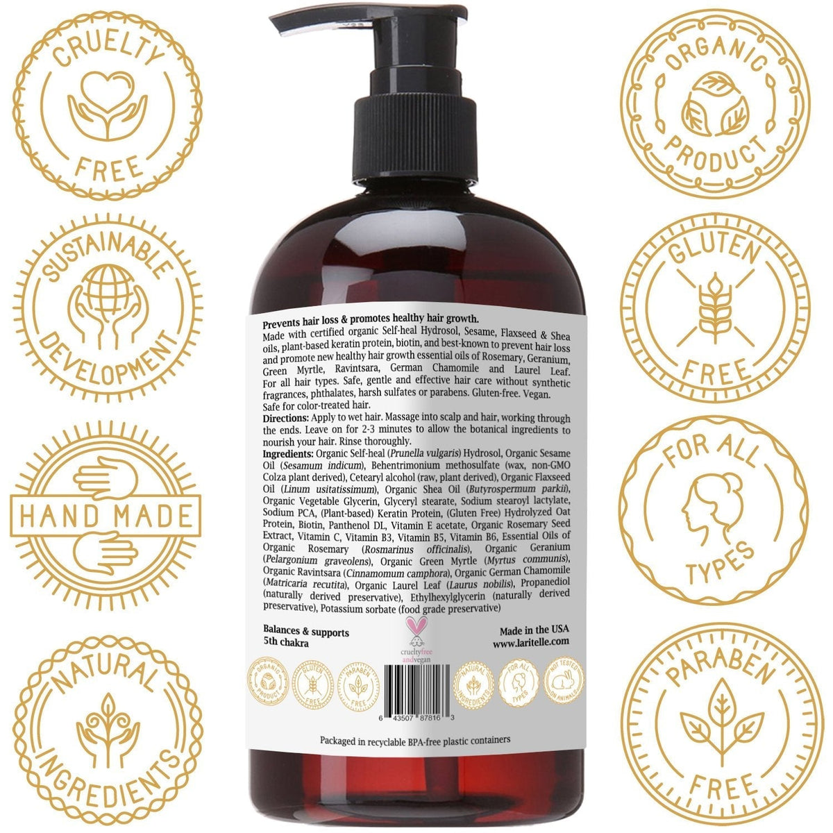 Organic Conditioner 16 oz | Organic Prunella, Sesame, Flaxseed, Shea + Keratin + Biotin + Renewing Hair Growth Rosemary, Geranium, Myrtle, Ravintsara, Chamomile and Laurel Leaf | GF