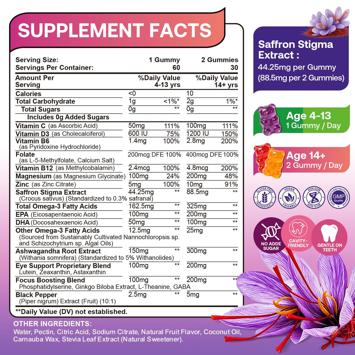 CNCHEF Saffron Gummies 88.5 mg with Magnesium, B6, D3 & Lutein – 60 Count