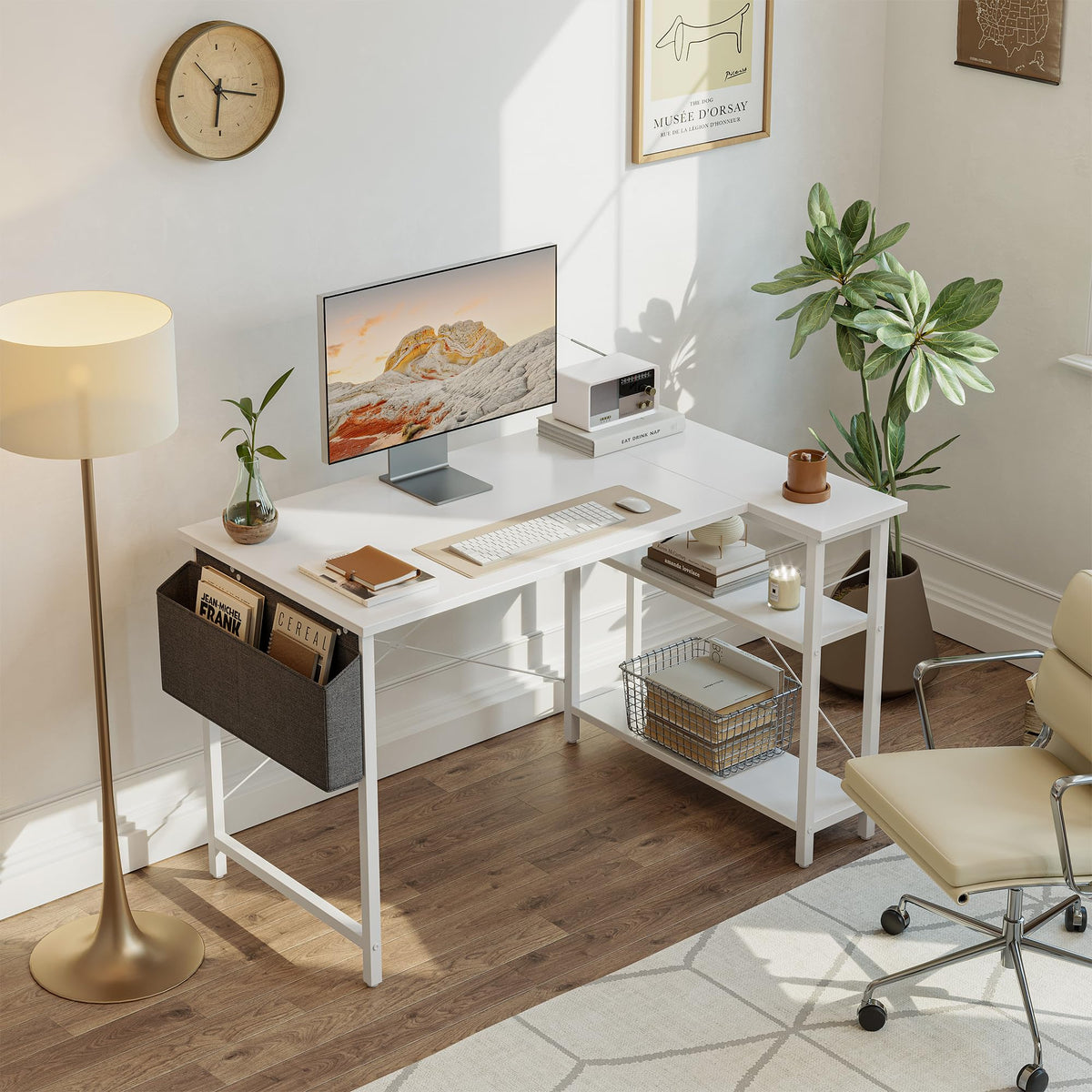 TENKIA L Shaped Desk, 40" Small Reversible Corner Computer Desk with Storage Shelves, Home Office Desk Study Writing Table, White
