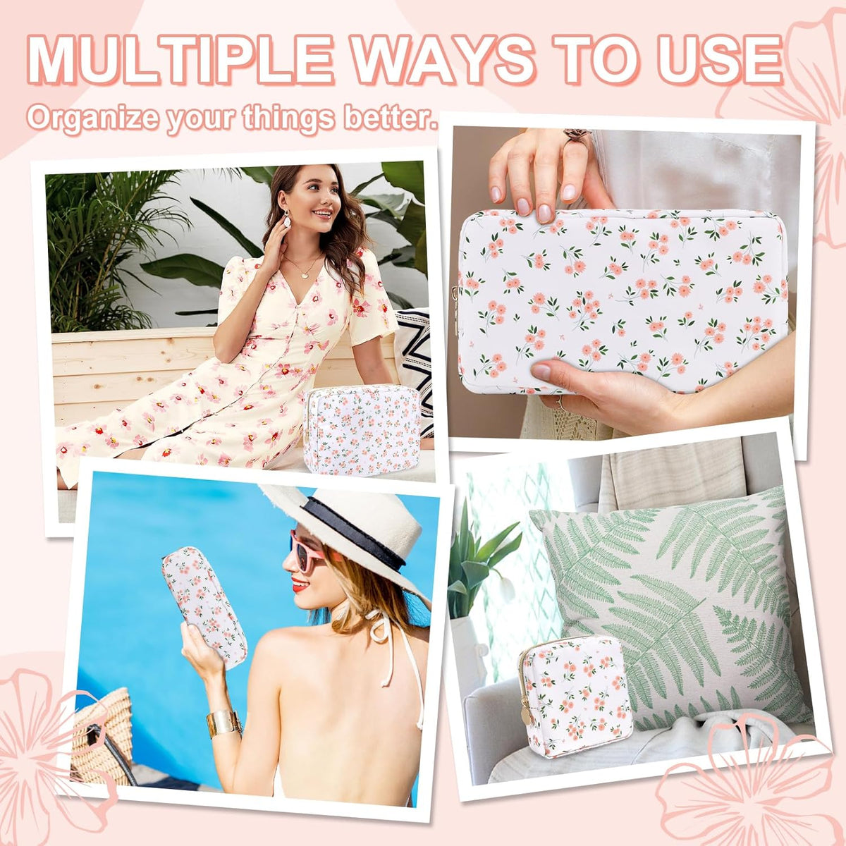 Waterproof Small Floral Makeup Bag Pouch for Purse,Nylon Flower Cosmetic Bag Preppy Travel Toiletry Storage Bag for Women Girl,Cute Makeup Organizer Bag Skincare Bag with Zipper(Small White-Flowers)