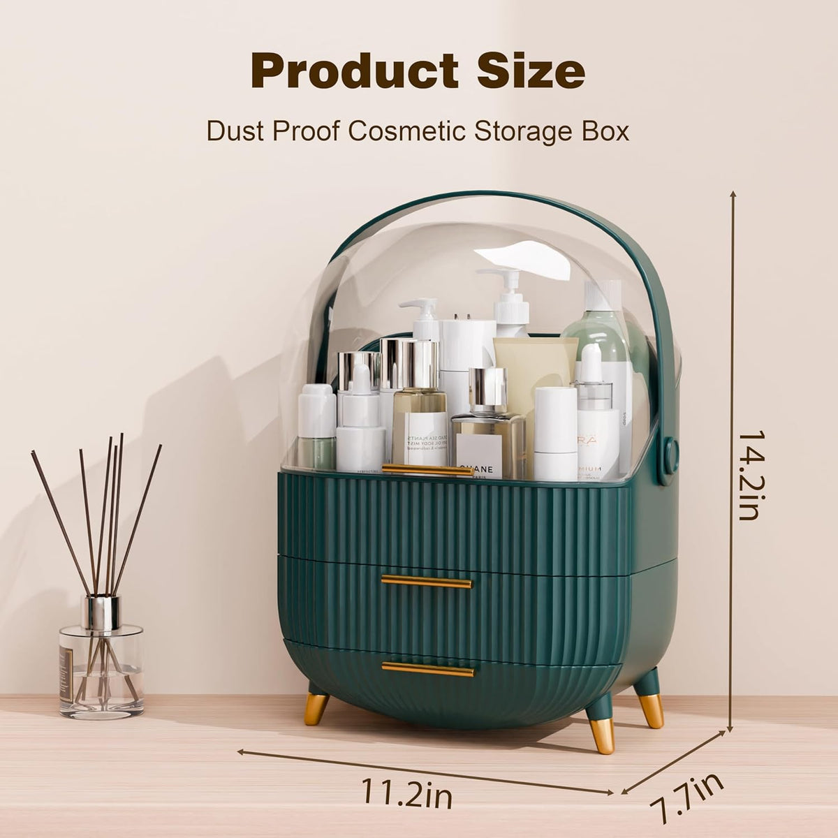 Makeup Organizers and Storage Make up Organizer for Vanity Cosmetics Skincare With Lid and Drawers Display Cases for Countertop Bathroom Women Teenager Girl Gifts(Dark Green)