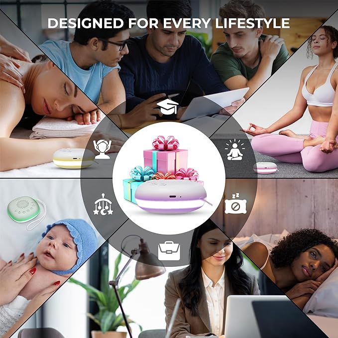 White Noise Machine | Portable Serenity Sound Machine with 20 Relaxing Sounds & RGB LED Night Lights | Compact Sleep Noise Machine for Sleep Aid and Relaxation with Adjustable Timer and Volume