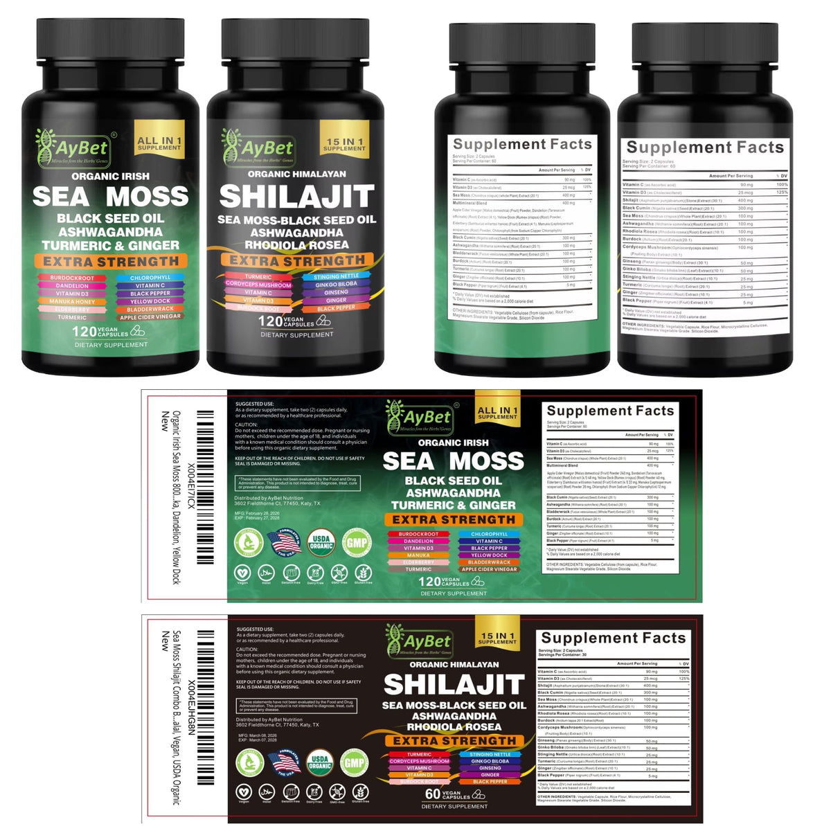 AyBet Sea Moss & Himalayan Shilajit Supplement Combo–Herbal Formula with Black Seed Oil, Ashwagandha, Rhodiola, Turmeric, Ginger – Mineral, Antioxidant Support–Organic, Halal, Vegan Capsules–240 Count