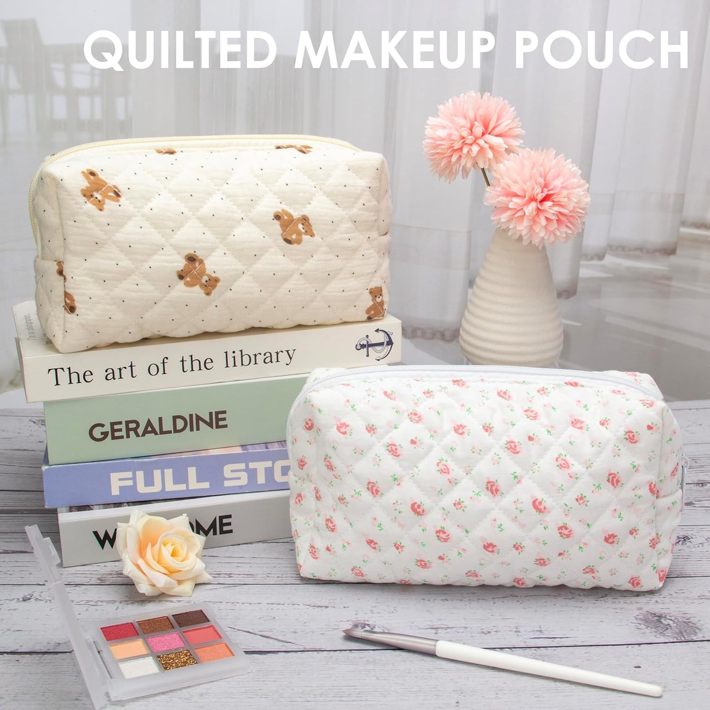 PAZIMIIK Vintage Quilted Makeup Bag Cosmetic Pouch for Brushes Pencils and Travel Make Up Accessories for Women and Girls Gauze Rose