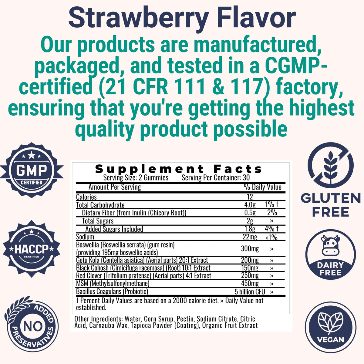 Boswellia Serrata Black Cohosh Gotu Kola Red Clover Extract Complex Gummies w. Probiotic Fiber (Chicory Root Inulin) MSM Methylsulfonylmethane, Supplement Alt for Organic Powder Capsules Tincture
