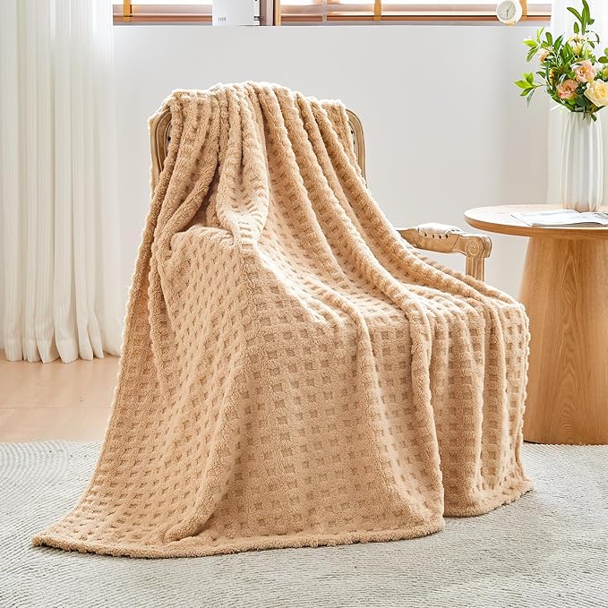 NEWCOSPLAY Super Soft King Blanket Brown Premium Silky Flannel Fleece 3D Waffle Checkered Lightweight Bed Blanket All Season Use (Brown, King(90"x110"))