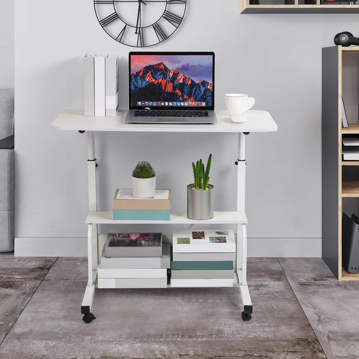 Adjustable Height Mobile Computer Desk for Small Space Rolling Writing with Wheels Corner Home Office Study Portable Bedrooms Work Desk Standing Table Sizes 31.5X15.7 Inches White