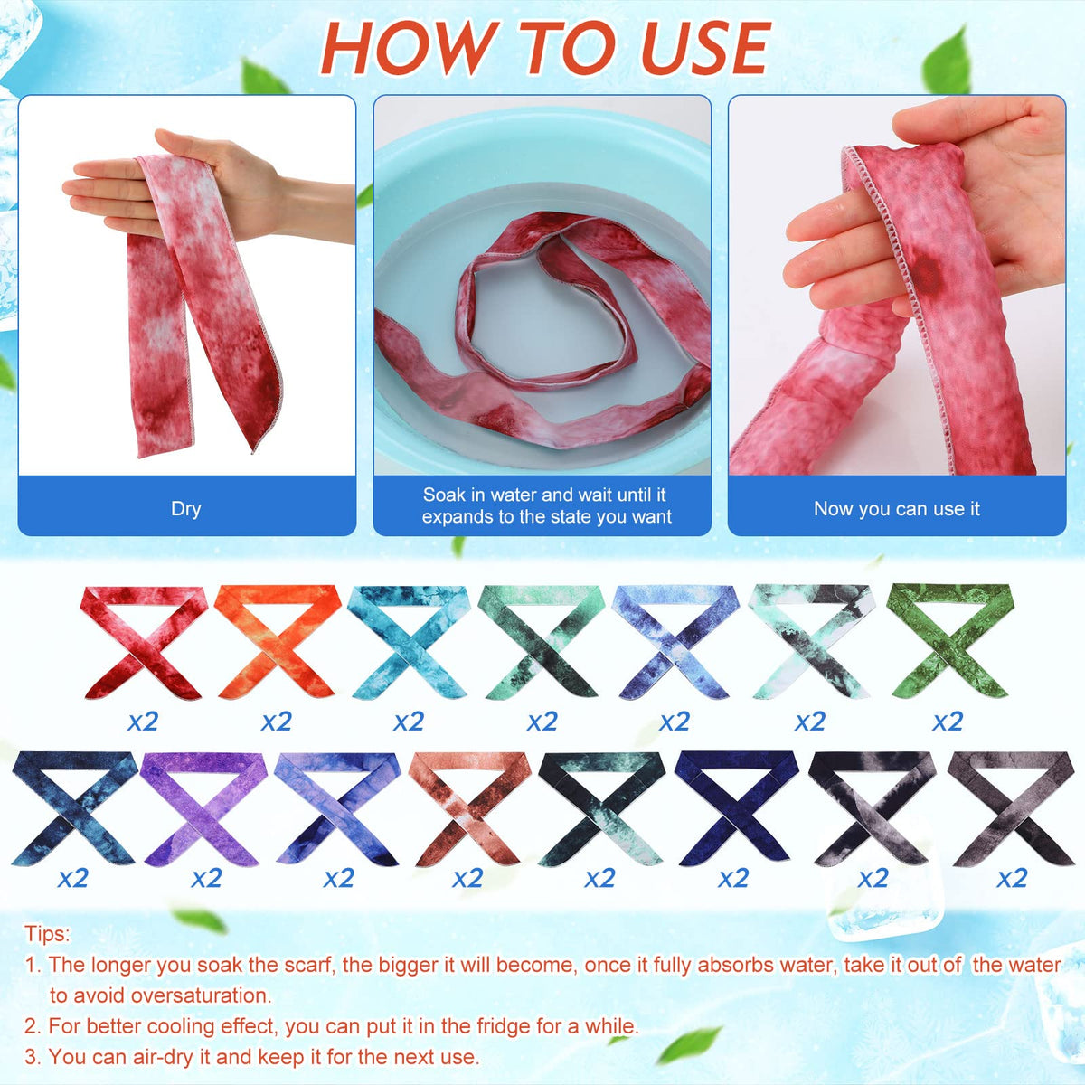 Lenwen 30 Pcs Cooling Neck Wraps Cooling Bandana Tie Dye Neck Cooler Ice Wrap Scarf Headband for Hot Weather for Women Men