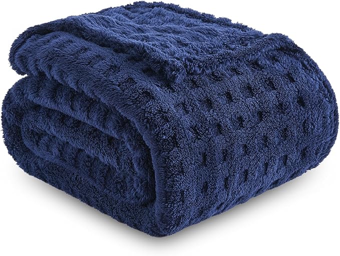 NEWCOSPLAY Super Soft Throw Blanket Navy Premium Silky Flannel Fleece 3D Waffle Checkered Lightweight Bed Blanket All Season Use (Dark Navy, Throw(50"x70"))