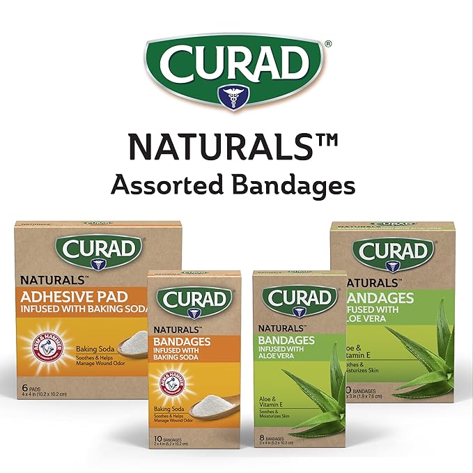 CURAD Naturals Ale Vera & Vitamin E Bandages 2" x 4", Individually Wrapped Sterile Bandages, First Aid Kit Essential, Protects Scrapes and Cuts, Absorbent and Self-Adhesive, 8 - Count Box