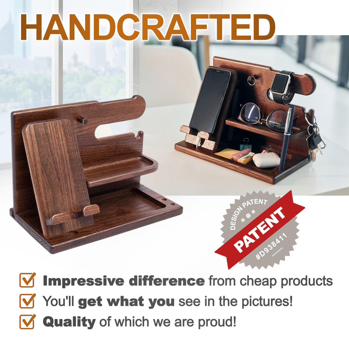 TESLYAR Wood Phone Docking Station for Men - Desk or Nightstand Organizer - Birthday Gifts for Husband, Dad - Anniversary Idea from Wife - Key Holder, Stand Wallet, Watch & Essentials (Bourbon Brown)