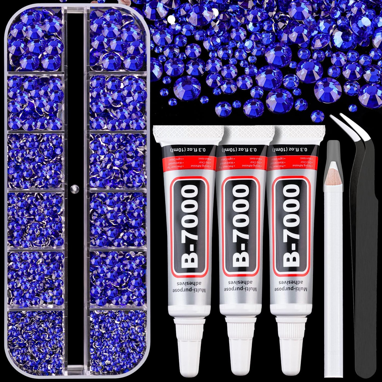 Resin Rhinestones for Crafting with B7000 Jewelry Glue, 1 Box Royal Blue Flatback Crystals with 3Pcs 10ml Glue for Bedazzling Crafts DIY Nail Art Makeup,Non Hotfix Gems for Clothing Shoes