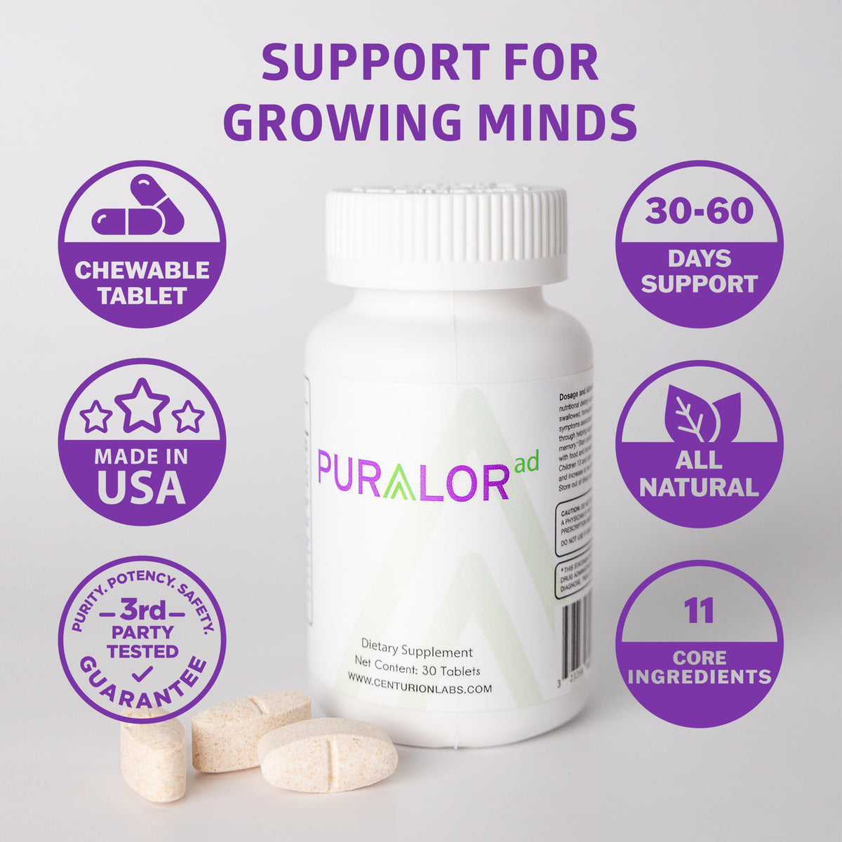 Centurion Premium Puralor AD, Cognitive and Focus Supplement for Kids with Saffron, Folate, Vitamin C, D and Zinc, 30 Chewable Tablets