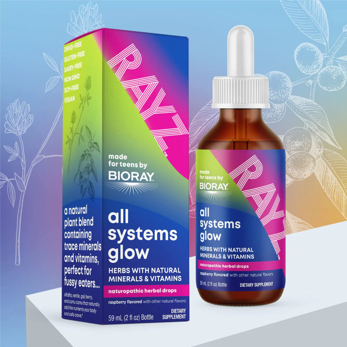 BIORAY RAYZ All Systems Glow, Raspberry Flavor - 2 fl oz - Convenient Source of Vitamins & Minerals for Teens 12-18 Years Old