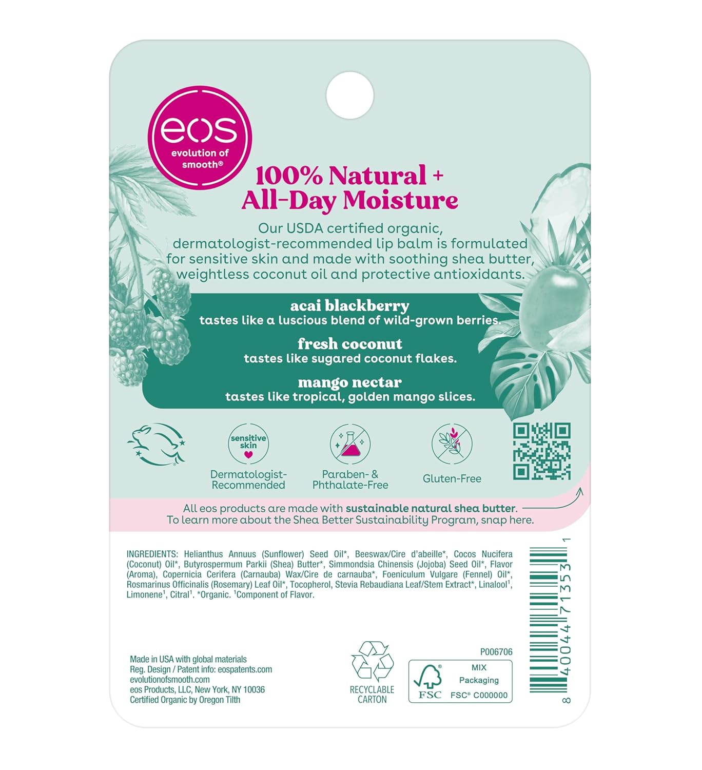 eos Natural Shea Lip balm, Acai Blackberry, Fresh Coconut, Mango Nectar 3-Pack Sticks