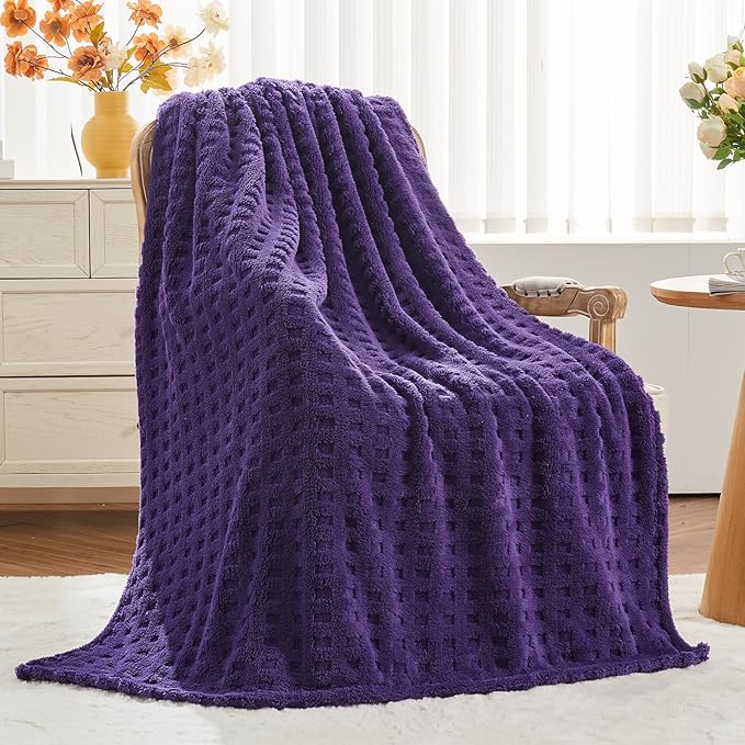NEWCOSPLAY Super Soft King Blanket Purple Premium Silky Flannel Fleece 3D Waffle Checkered Lightweight Bed Blanket All Season Use (Dark Purple, King(90"x110"))