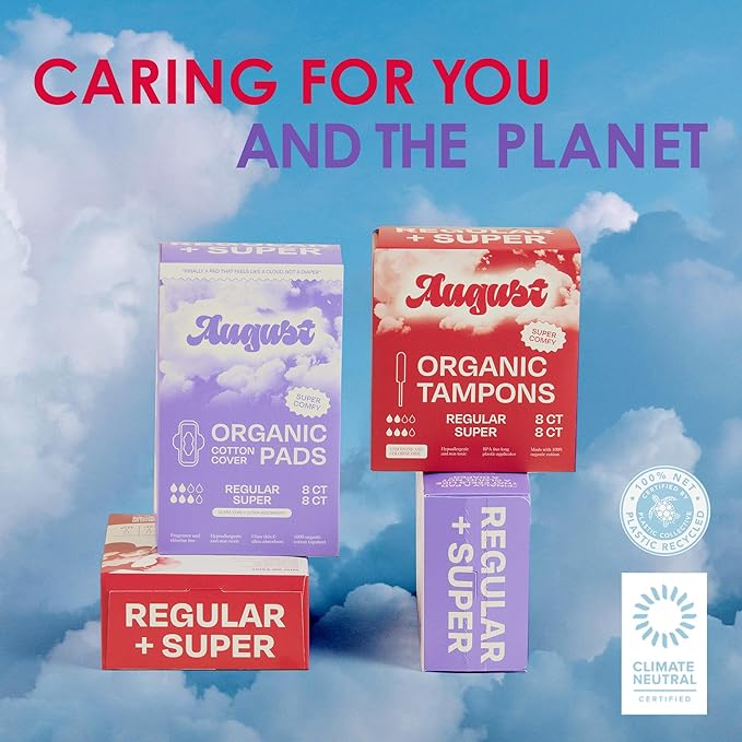 August Overnight Pad with Wings, Overnight Pads for Women and Anyone Who Menstruates, 96 Long Pads with Compostable Wrappers, Toxin Free, Fragrance Free, and Hypoallergenic (6 Boxes of 16)