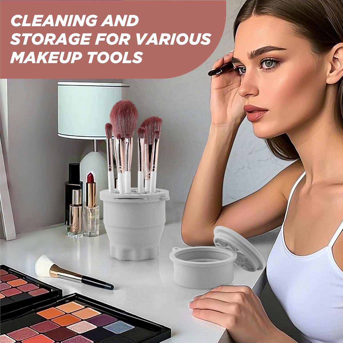 Makeup Brush Cleaner - Foldable Silicone Makeup Brush Cleaner Mat with Brush Storage Holder Makeup Brush Cleaning Bowl Cosmetic Brush Washing Tool for Cleaning Organizer and Drying (Grey)