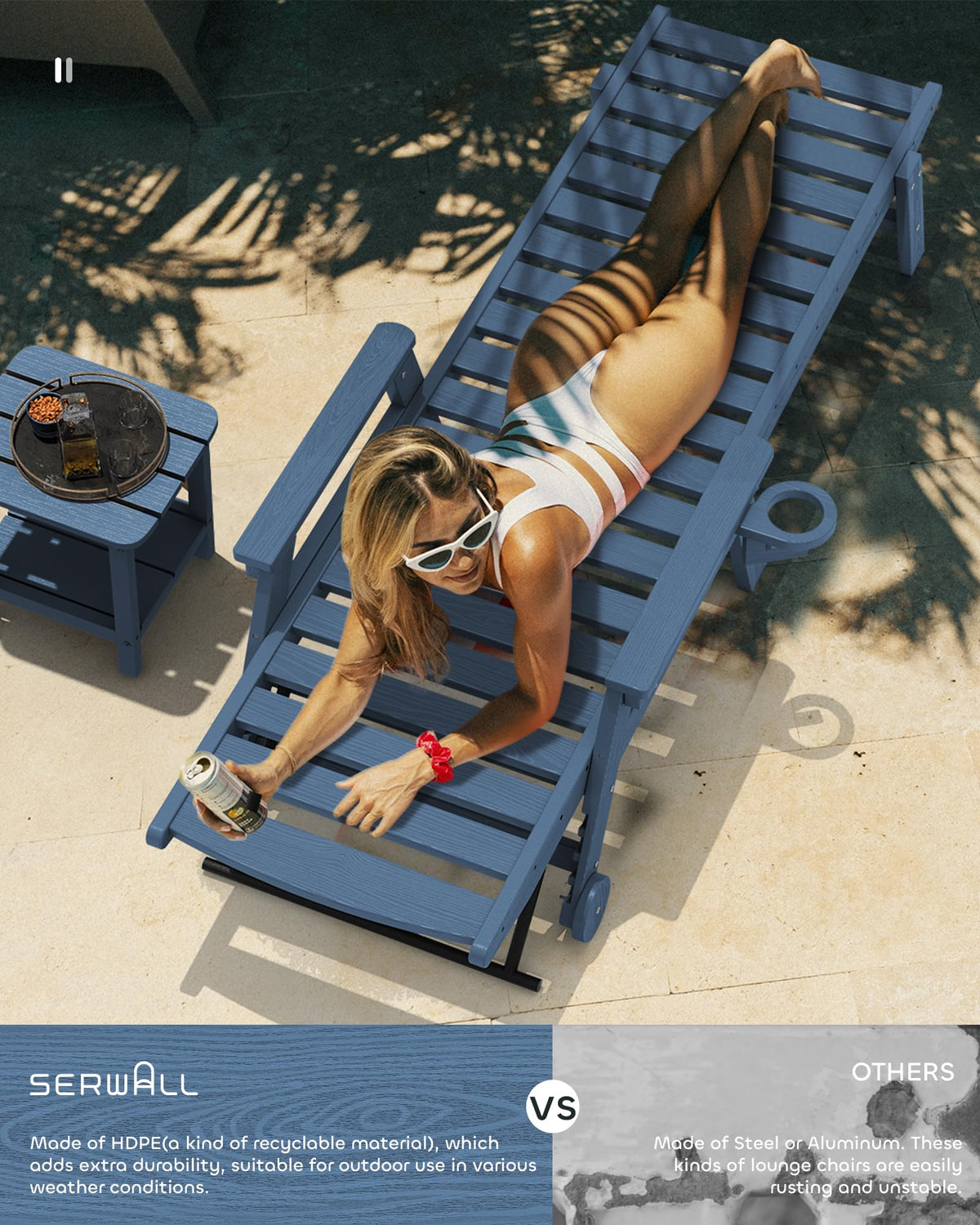 SERWALL Patio Chaise Lounge Chair, 78'' Long HDPE Outdoor Lounge Chair 5 Positions Adjustable Outdoor Lounger, Poly Lounge Chair with Rolling Wheels & Cup Holder for Pool, Navy Blue